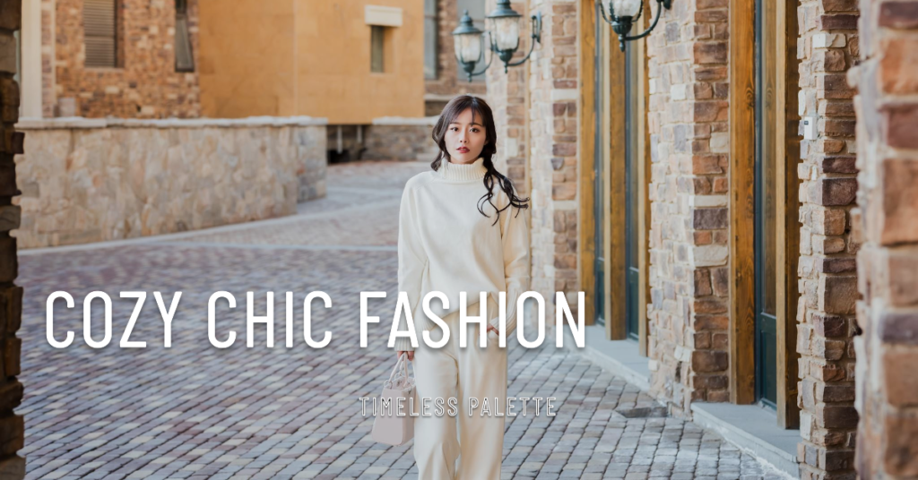 A person stands in a street between buildings, wearing a chic outfit with the text “COZY CHIC FASHION | TIMELESS PALETTE” overlaid.