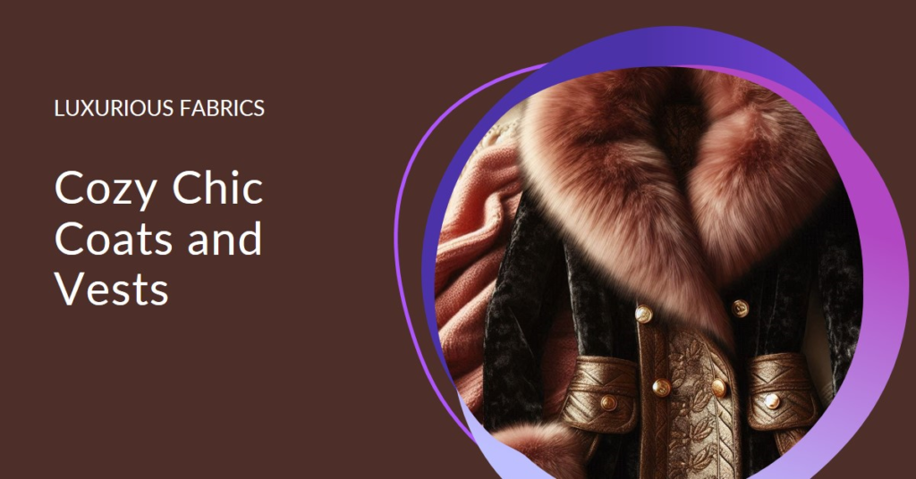 A promotional image featuring a collection of luxurious coats and vests with fur detailing.