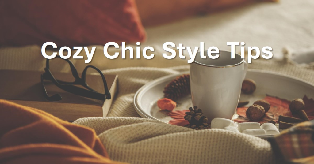 A warm-toned image featuring a white mug on a knitted surface with eyeglasses, a plate with pine cones and leaves, and the text “Cozy Chic Style Tips.”