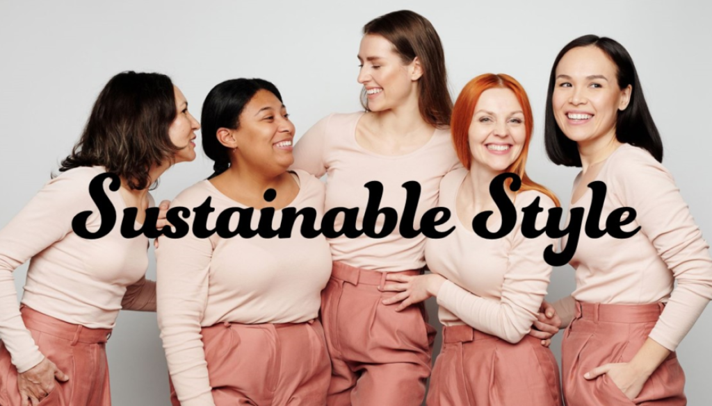 Five individuals standing side by side, faces obscured by brown rectangles, wearing matching pink tops and skirts with the phrase “Sustainable Style” in a cursive font overlaying the image.