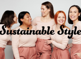 Five individuals standing side by side, faces obscured by brown rectangles, wearing matching pink tops and skirts with the phrase “Sustainable Style” in a cursive font overlaying the image.