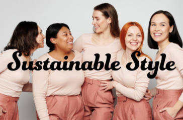 Five individuals standing side by side, faces obscured by brown rectangles, wearing matching pink tops and skirts with the phrase “Sustainable Style” in a cursive font overlaying the image.