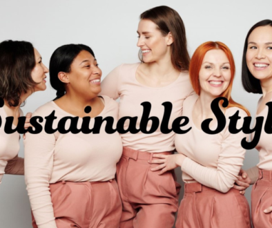 Five individuals standing side by side, faces obscured by brown rectangles, wearing matching pink tops and skirts with the phrase “Sustainable Style” in a cursive font overlaying the image.