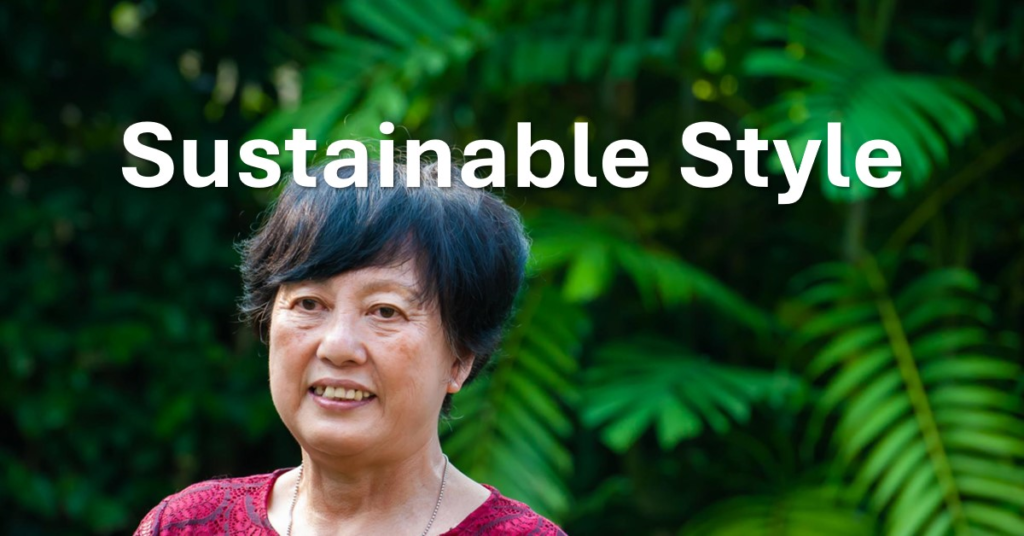 A person with their face obscured stands in front of a lush green background with the text “Sustainable Style” overlaid.